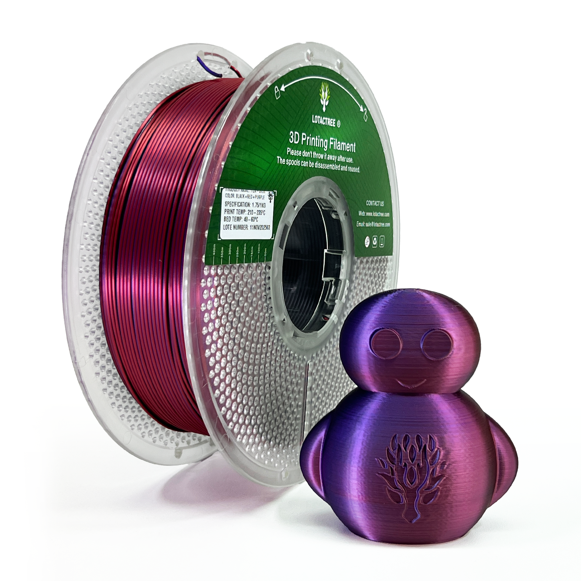 PLA Silk Multicor - Black + Red + Purple - 1Kg - Bobina - Lotactree