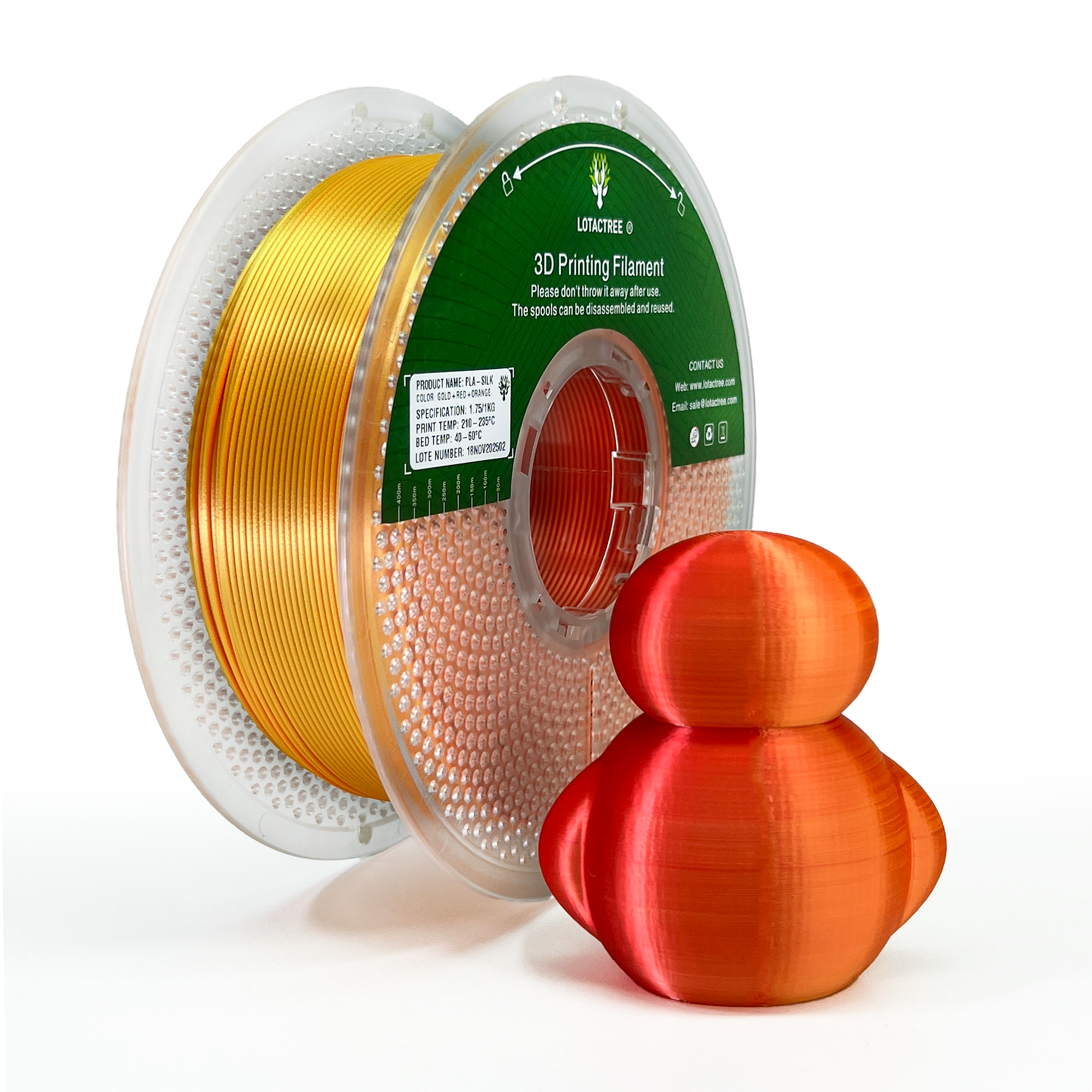 PLA Silk Multicor - Red + Orange + Gold - 1Kg - Bobina - Lotactree
