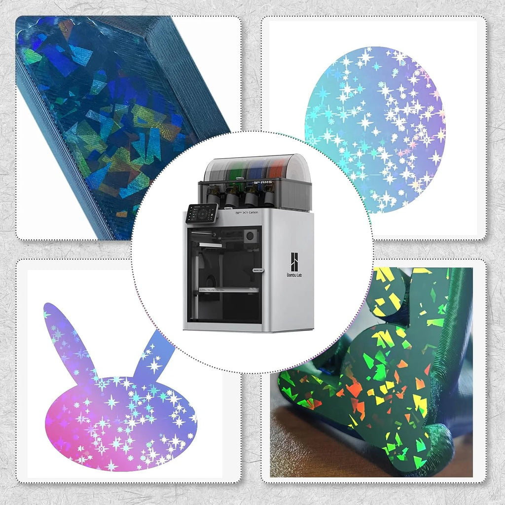 Placa Holográfica Rainbow Confetti + Galaxy 257×257 mm – Bambu Lab X1 / P1 / P2 / X2 / A1