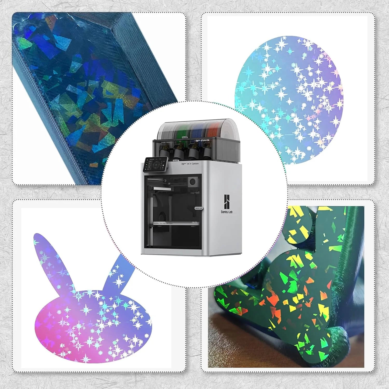 Placa Holográfica Rainbow Confetti + Galaxy 257×257 mm – Bambu Lab X1 / P1 / P2 / X2 / A1