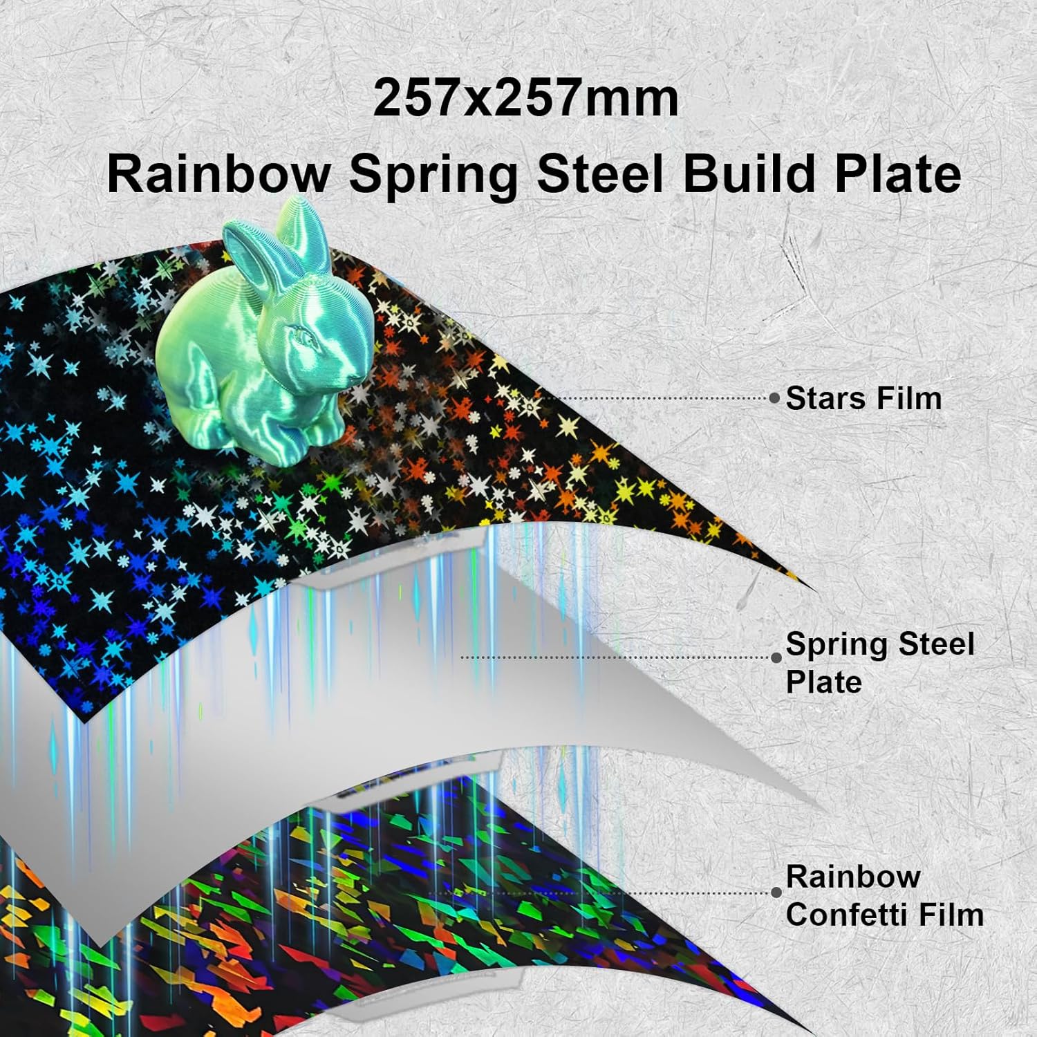 Placa Holográfica Rainbow Confetti + Galaxy 257×257 mm – Bambu Lab X1 / P1 / P2 / X2 / A1