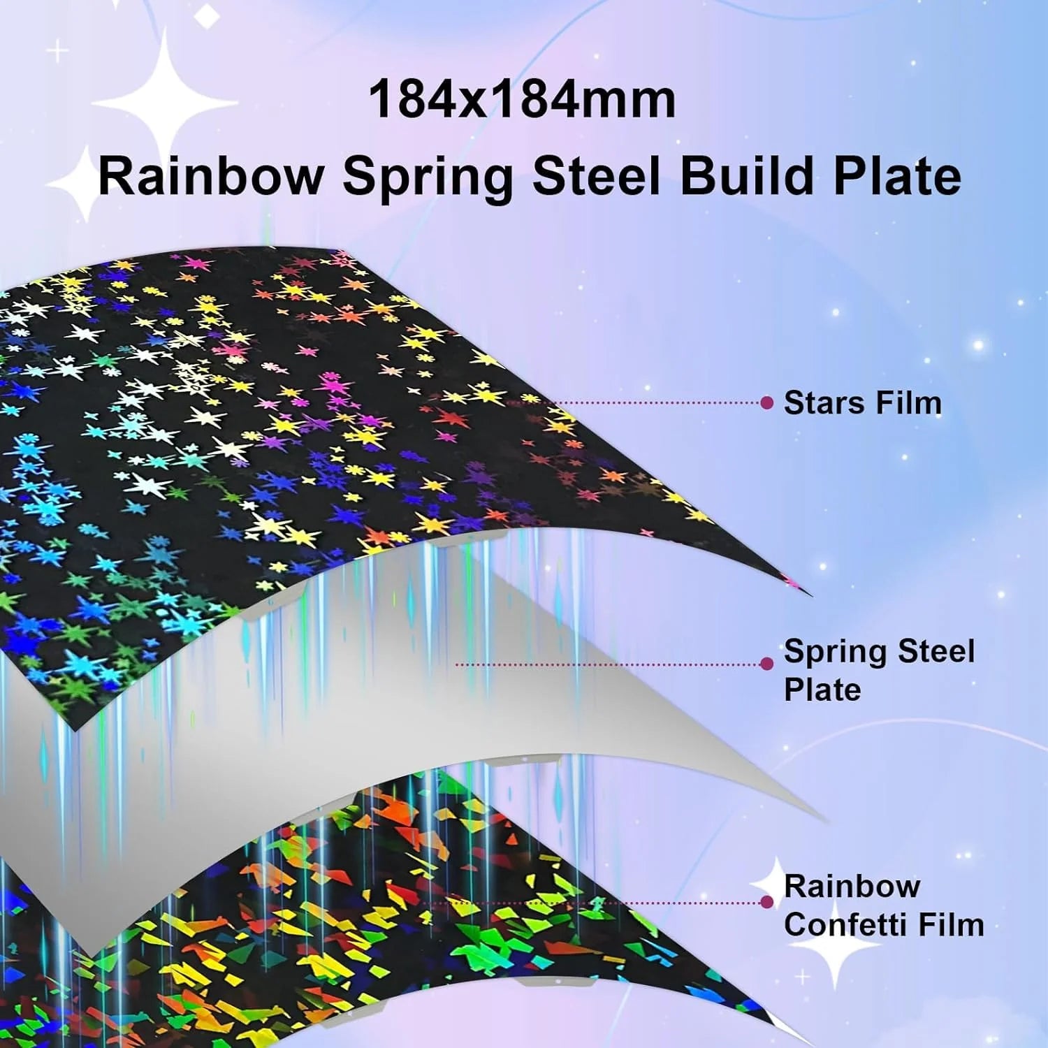 Placa Holográfica Rainbow Confetti + Galaxy Stars 184×184 mm – Bambu Lab A1 Mini