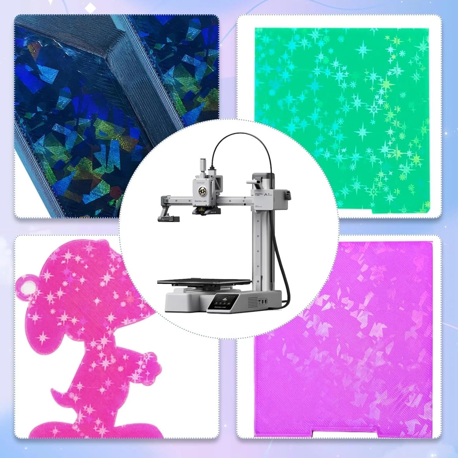 Placa Holográfica Rainbow Confetti + Galaxy Stars 184×184 mm – Bambu Lab A1 Mini