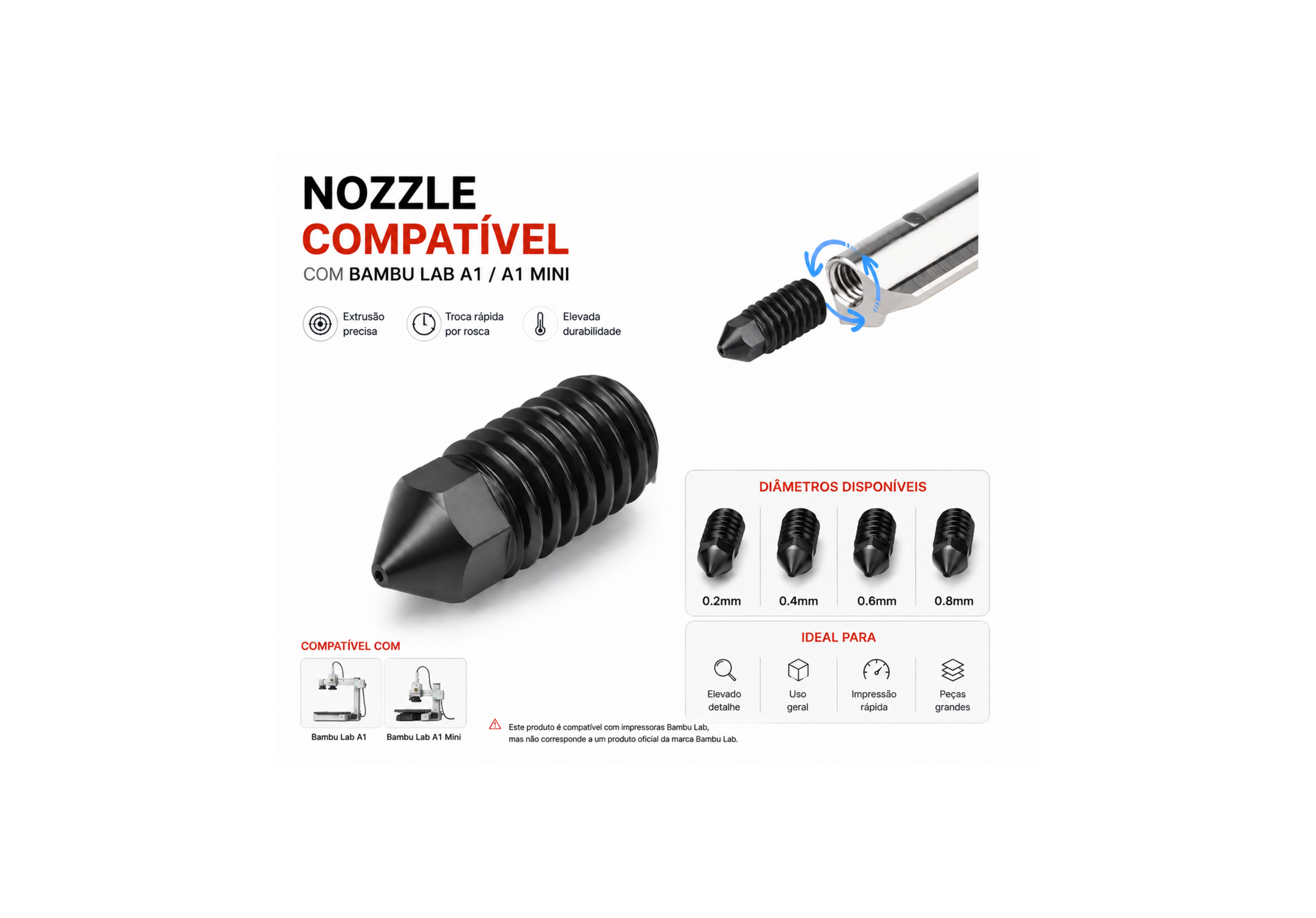 Nozzle Hardened Steel Compatível com Bambu Lab A1 / A1 Mini / A2L