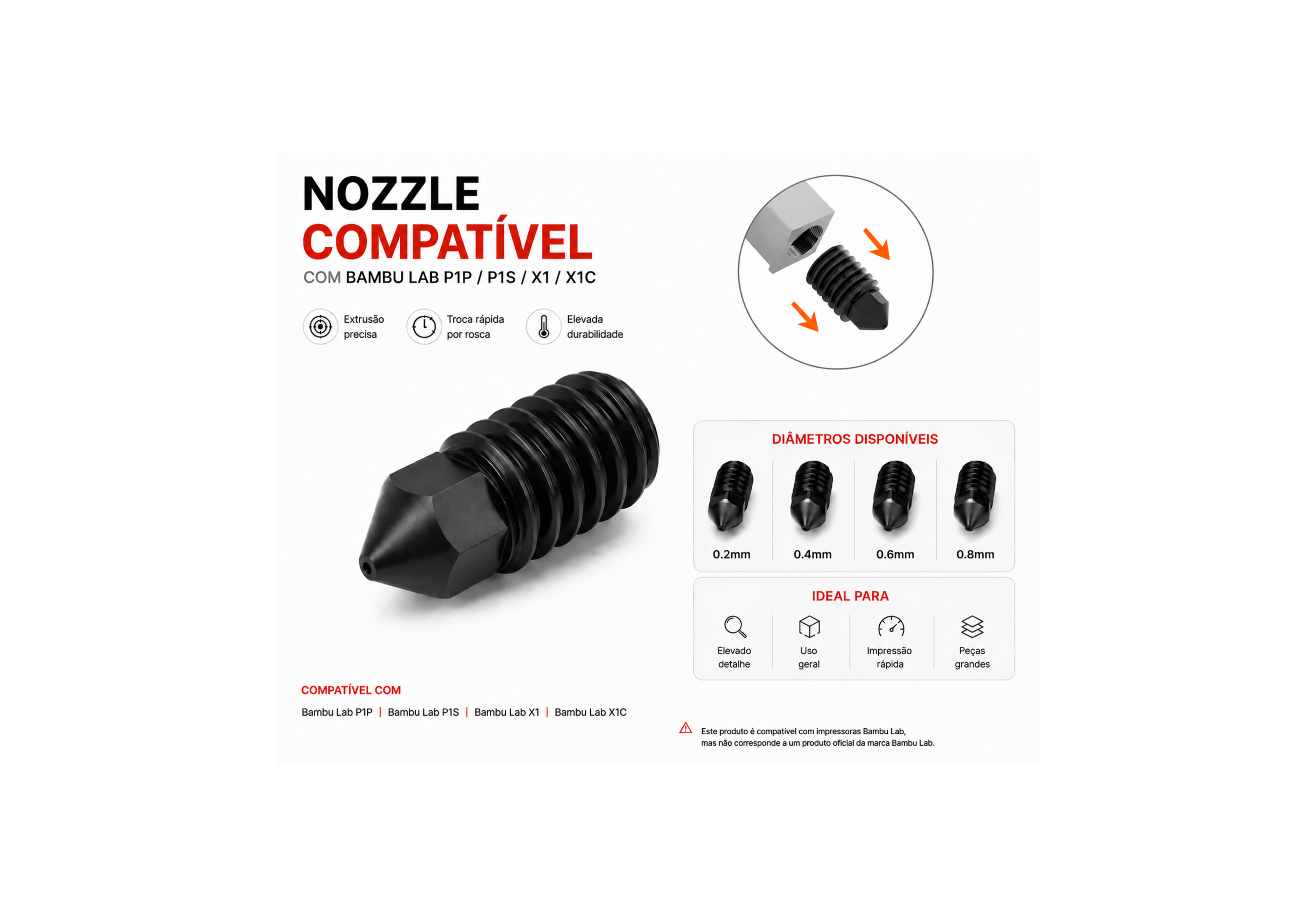 Nozzle Hardened Steel Compatível com Bambu Lab P1P / P1S / X1 / X1C